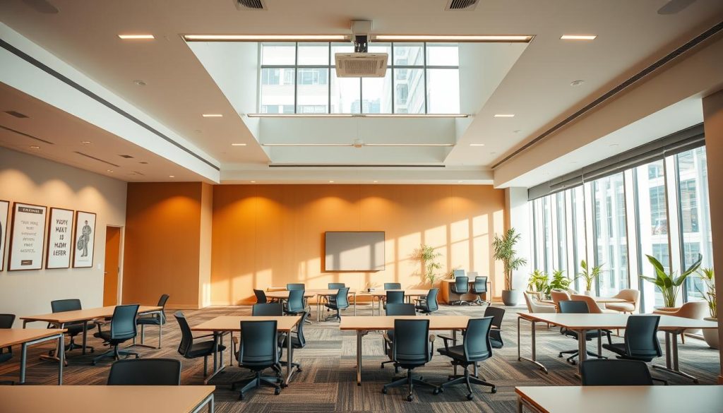 A modern, flexible training room design at Sutera Hall, showcasing bright, adaptable spaces for various training formats. The foreground features movable furniture, such as modular tables and ergonomic chairs arranged in different configurations, including a circle and classroom-style seating. In the middle ground, large windows flood the space with natural light, creating a welcoming atmosphere. The walls are painted in calming colors and adorned with motivational artwork. The background shows a breakout area with soft seating and plants, promoting collaboration. The lighting is bright yet warm, creating an inviting environment. Use a wide-angle lens to capture the depth of the space, emphasizing openness and flexibility, while maintaining a professional, serene mood suitable for corporate training sessions. A modern, flexible training room design at Sutera Hall, showcasing bright, adaptable spaces for various training formats. The foreground features movable furniture, such as modular tables and ergonomic chairs arranged in different configurations, including a circle and classroom-style seating. In the middle ground, large windows flood the space with natural light, creating a welcoming atmosphere. The walls are painted in calming colors and adorned with motivational artwork. The background shows a breakout area with soft seating and plants, promoting collaboration. The lighting is bright yet warm, creating an inviting environment. Use a wide-angle lens to capture the depth of the space, emphasizing openness and flexibility, while maintaining a professional, serene mood suitable for corporate training sessions.