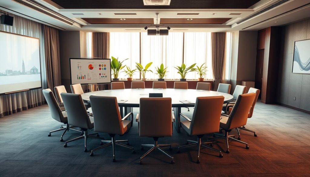 A modern meeting room at Sutera Hall in Alam Sutera, Kota Tangerang, featuring a spacious layout with a large, oval conference table surrounded by comfortable high-backed chairs. The foreground includes a sleek projector screen and a whiteboard filled with colorful diagrams. In the middle ground, bright natural light floods in through large windows adorned with elegant sheer curtains, illuminating green indoor plants for a refreshing touch. The background showcases contemporary decor with a minimalist aesthetic, including abstract art on the walls and soft gray carpeting. Capture the atmosphere as professional and inviting, conveying productivity and collaboration. Use warm, balanced lighting to enhance the welcoming feel, shot from a slightly elevated angle to showcase the room's design and functionality. A modern meeting room at Sutera Hall in Alam Sutera, Kota Tangerang, featuring a spacious layout with a large, oval conference table surrounded by comfortable high-backed chairs. The foreground includes a sleek projector screen and a whiteboard filled with colorful diagrams. In the middle ground, bright natural light floods in through large windows adorned with elegant sheer curtains, illuminating green indoor plants for a refreshing touch. The background showcases contemporary decor with a minimalist aesthetic, including abstract art on the walls and soft gray carpeting. Capture the atmosphere as professional and inviting, conveying productivity and collaboration. Use warm, balanced lighting to enhance the welcoming feel, shot from a slightly elevated angle to showcase the room's design and functionality.