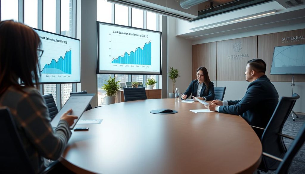 A modern meeting room designed for conferences, featuring a large oval table surrounded by ergonomic chairs. The room has floor-to-ceiling windows allowing natural light to fill the space, creating a bright and welcoming atmosphere. On one wall, a high-tech projection screen displays an elegant graph analysis related to the cost estimation of conference venues in Tangerang. In the foreground, a professional woman in business attire is reviewing documents, while a man in a sharp suit is discussing with two colleagues at the table, all engaged in focused conversation. The background shows contemporary decor with potted plants and subtle branding elements of "Sutera Hall." The overall mood is collaborative and dynamic, underscoring the importance of tailored meeting space for successful conferences.