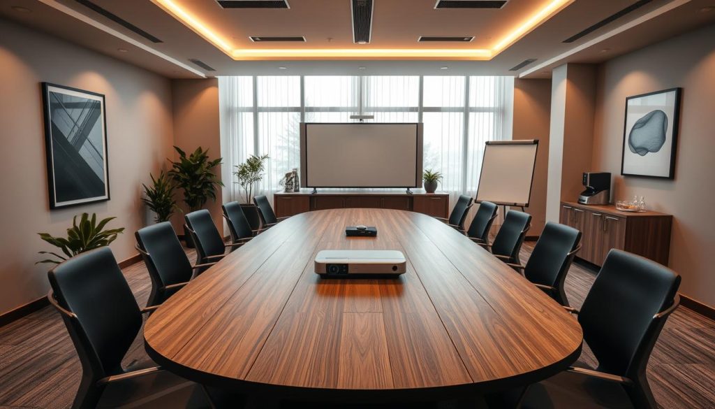 A modern meeting room named "Sutera Hall", featuring a large, oval wooden table surrounded by sleek, ergonomic chairs. The walls are adorned with neutral colors, complemented by large windows allowing natural light to flood the space. In the foreground, a high-tech projector and a digital whiteboard are neatly positioned, enhancing the room's functionality. Potted green plants add a touch of nature, while minimalist artwork decorates the walls, creating an inspiring atmosphere. The lighting is warm and inviting, suggesting a productive environment. In the background, a coffee station with an elegant setup encourages collaboration. The overall mood is professional yet welcoming, perfect for small meetings and brainstorming sessions, showcasing the complete facilities to support your meetings. A modern meeting room named "Sutera Hall", featuring a large, oval wooden table surrounded by sleek, ergonomic chairs. The walls are adorned with neutral colors, complemented by large windows allowing natural light to flood the space. In the foreground, a high-tech projector and a digital whiteboard are neatly positioned, enhancing the room's functionality. Potted green plants add a touch of nature, while minimalist artwork decorates the walls, creating an inspiring atmosphere. The lighting is warm and inviting, suggesting a productive environment. In the background, a coffee station with an elegant setup encourages collaboration. The overall mood is professional yet welcoming, perfect for small meetings and brainstorming sessions, showcasing the complete facilities to support your meetings.