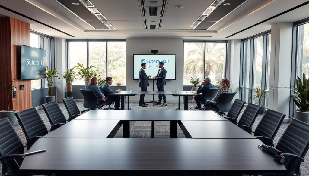 A modern meeting room setup for a small to medium training session, featuring a flexible table configuration that encourages collaboration. The foreground shows a U-shaped arrangement of sleek, dark wood tables surrounded by comfortable, ergonomic chairs. A presentation screen is visible, mounted on the wall, showcasing visual aids. In the middle ground, several professionals dressed in business attire engage in discussion, fostering a productive atmosphere. The background reveals large windows allowing natural sunlight to flood the room, illuminating the minimalist decor and plants for a calming effect. The overall mood is inviting and professional, ideal for a dynamic and effective meeting environment. Include a subtle logo for "Sutera Hall" in the background, enhancing the context of the space. A modern meeting room setup for a small to medium training session, featuring a flexible table configuration that encourages collaboration. The foreground shows a U-shaped arrangement of sleek, dark wood tables surrounded by comfortable, ergonomic chairs. A presentation screen is visible, mounted on the wall, showcasing visual aids. In the middle ground, several professionals dressed in business attire engage in discussion, fostering a productive atmosphere. The background reveals large windows allowing natural sunlight to flood the room, illuminating the minimalist decor and plants for a calming effect. The overall mood is inviting and professional, ideal for a dynamic and effective meeting environment. Include a subtle logo for "Sutera Hall" in the background, enhancing the context of the space.