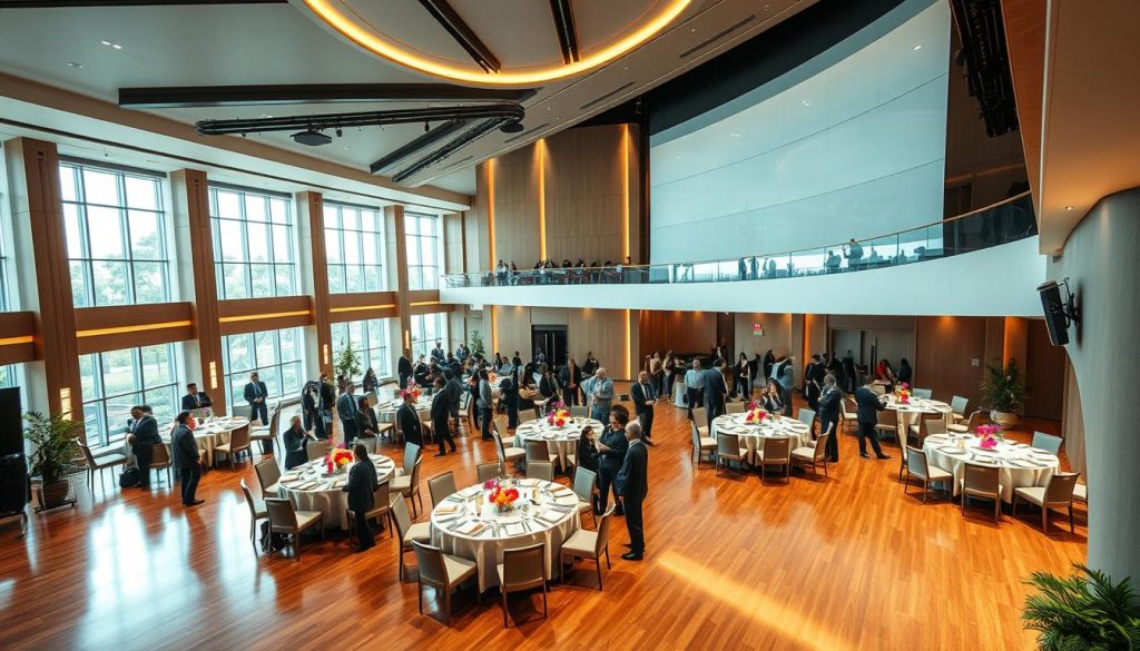 A modern multifunctional hall named "Sutera Hall" designed for corporate events, featuring a spacious interior with high ceilings and elegant decor. In the foreground, showcase a professional setting with business attendees dressed in formal attire engaged in discussions and networking. The middle layer should include round tables set with contemporary centerpieces and sleek audiovisual equipment, reflecting a sophisticated ambiance. The background should feature large windows allowing natural light to flood the space, illuminating the polished wooden floors and vibrant plants. The lighting should be warm and inviting, creating a productive yet comfortable atmosphere. A high-angle view conveys the open layout and versatility of Sutera Hall, emphasizing its suitability for diverse corporate gatherings. A modern multifunctional hall named "Sutera Hall" designed for corporate events, featuring a spacious interior with high ceilings and elegant decor. In the foreground, showcase a professional setting with business attendees dressed in formal attire engaged in discussions and networking. The middle layer should include round tables set with contemporary centerpieces and sleek audiovisual equipment, reflecting a sophisticated ambiance. The background should feature large windows allowing natural light to flood the space, illuminating the polished wooden floors and vibrant plants. The lighting should be warm and inviting, creating a productive yet comfortable atmosphere. A high-angle view conveys the open layout and versatility of Sutera Hall, emphasizing its suitability for diverse corporate gatherings.