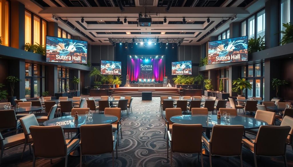 A modern, professional event venue interior showcasing "Sutera Hall". In the foreground, elegant seating arrangements with stylish chairs and polished tables, set up for a product launch. The middle section features a spacious stage with sophisticated lighting rig and high-resolution screens displaying dynamic visuals of B2B products. To the background, large windows let in natural light, illuminating the venue's contemporary decor, lush greenery, and artful accents. Capture the atmosphere of anticipation and professionalism, employing soft, warm lighting to enhance the inviting mood. Use a wide-angle lens to create depth, highlighting the scale and versatility of the venue space while ensuring a clear view of the well-organized layout. A modern, professional event venue interior showcasing "Sutera Hall". In the foreground, elegant seating arrangements with stylish chairs and polished tables, set up for a product launch. The middle section features a spacious stage with sophisticated lighting rig and high-resolution screens displaying dynamic visuals of B2B products. To the background, large windows let in natural light, illuminating the venue's contemporary decor, lush greenery, and artful accents. Capture the atmosphere of anticipation and professionalism, employing soft, warm lighting to enhance the inviting mood. Use a wide-angle lens to create depth, highlighting the scale and versatility of the venue space while ensuring a clear view of the well-organized layout.