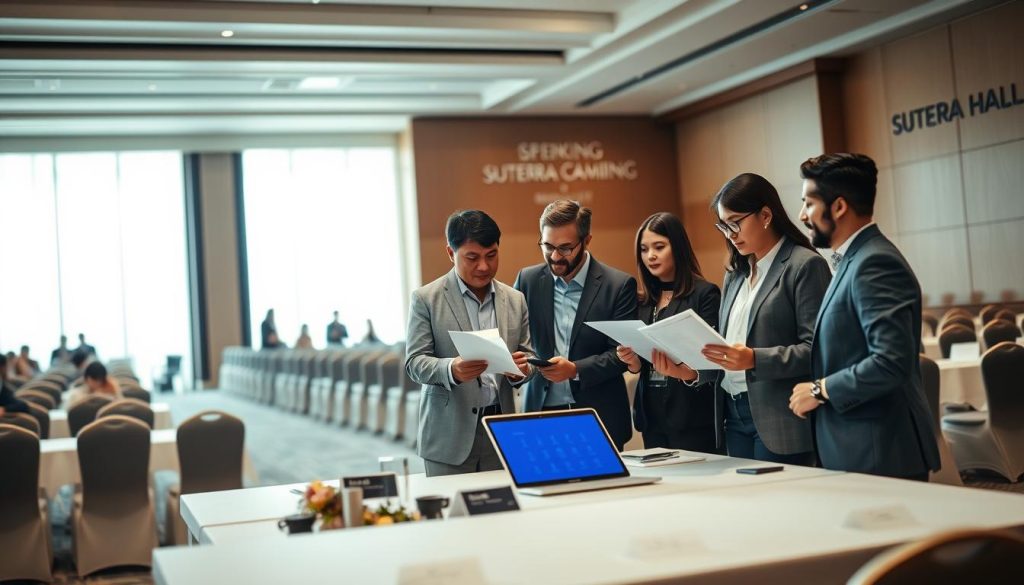 A modern seminar venue planning scene set in a spacious, well-lit conference room of Sutera Hall. In the foreground, a diverse group of professionals in business attire are gathered around a large table, reviewing event planning documents and discussing participant capacity. One person is using a laptop to present seating arrangements on a digital screen. The middle ground features an elegantly arranged seating layout with name cards on tables, while the background shows large windows allowing natural light to pour in, illuminating the room. The atmosphere is collaborative and focused, emphasizing teamwork. The image should be bright and inviting, with a slight depth of field to highlight the engaged participants. A modern seminar venue planning scene set in a spacious, well-lit conference room of Sutera Hall. In the foreground, a diverse group of professionals in business attire are gathered around a large table, reviewing event planning documents and discussing participant capacity. One person is using a laptop to present seating arrangements on a digital screen. The middle ground features an elegantly arranged seating layout with name cards on tables, while the background shows large windows allowing natural light to pour in, illuminating the room. The atmosphere is collaborative and focused, emphasizing teamwork. The image should be bright and inviting, with a slight depth of field to highlight the engaged participants.