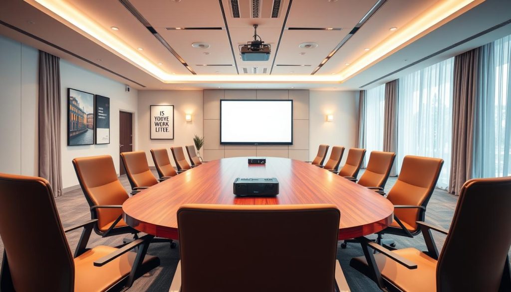 A modern, spacious corporate workshop setting in "Sutera Hall", showcasing a fully equipped conference room. In the foreground, sleek, ergonomic chairs and a large oval table made of polished wood are arranged for a collaborative session. In the middle ground, advanced audio-visual equipment including a projector and large screen is visible, set against stylish, bright walls adorned with motivational artwork. The background features large windows that let in natural light, framed by elegant curtains, giving the space an open and inviting atmosphere. A warm, professional ambiance is created by soft overhead lighting, enhancing the modern design. The overall feeling is one of innovation and productivity, ideal for corporate training and workshops.