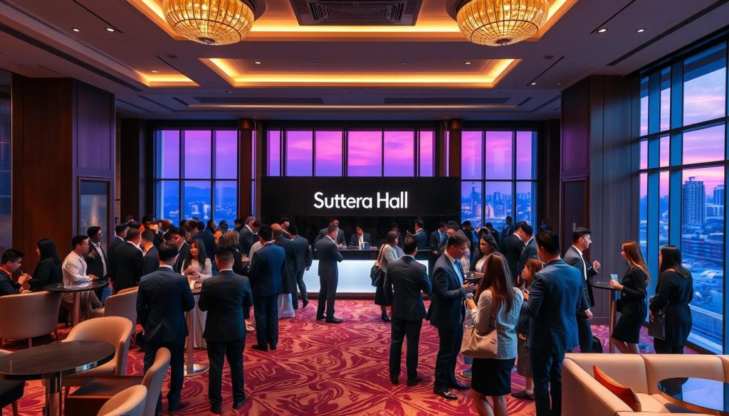 A modern, upscale networking venue for a professional business event, featuring a spacious hall decorated with elegant lighting and sophisticated decor. In the foreground, a group of well-dressed professionals in business attire engaged in lively conversations, networking amidst stylish furniture like high-top tables and lounge seating. The middle showcases a sleek registration area adorned with subtle branding of "Sutera Hall", highlighting the venue's identity. In the background, large windows reveal a vibrant outdoor view of the Tangerang skyline, lit by the warm glow of the setting sun. The atmosphere is lively yet professional, with a hint of excitement as guests exchange ideas and build connections. The lighting is soft and inviting, creating an inviting ambiance for business engagement. A modern, upscale networking venue for a professional business event, featuring a spacious hall decorated with elegant lighting and sophisticated decor. In the foreground, a group of well-dressed professionals in business attire engaged in lively conversations, networking amidst stylish furniture like high-top tables and lounge seating. The middle showcases a sleek registration area adorned with subtle branding of "Sutera Hall", highlighting the venue's identity. In the background, large windows reveal a vibrant outdoor view of the Tangerang skyline, lit by the warm glow of the setting sun. The atmosphere is lively yet professional, with a hint of excitement as guests exchange ideas and build connections. The lighting is soft and inviting, creating an inviting ambiance for business engagement.
