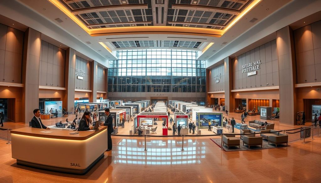 A panoramic view of Sutera Hall, a modern event venue in Tangerang Selatan, showcasing its spacious and elegant interior designed for trade shows. In the foreground, a sleek registration desk staffed by professionals in business attire, ready to assist attendees. The middle ground features a large expo area with booths showcasing various products, elegantly decorated with banners and displays. Soft, ambient lighting enhances the warm atmosphere, while natural light filters in through large windows, casting gentle shadows on the polished floor. In the background, stylish seating areas offer a place for networking and relaxation. The overall mood is inviting and professional, ideal for a successful trade show event. Capture this scene from a slight elevation to provide a comprehensive view of the hall's layout and design. A panoramic view of Sutera Hall, a modern event venue in Tangerang Selatan, showcasing its spacious and elegant interior designed for trade shows. In the foreground, a sleek registration desk staffed by professionals in business attire, ready to assist attendees. The middle ground features a large expo area with booths showcasing various products, elegantly decorated with banners and displays. Soft, ambient lighting enhances the warm atmosphere, while natural light filters in through large windows, casting gentle shadows on the polished floor. In the background, stylish seating areas offer a place for networking and relaxation. The overall mood is inviting and professional, ideal for a successful trade show event. Capture this scene from a slight elevation to provide a comprehensive view of the hall's layout and design.