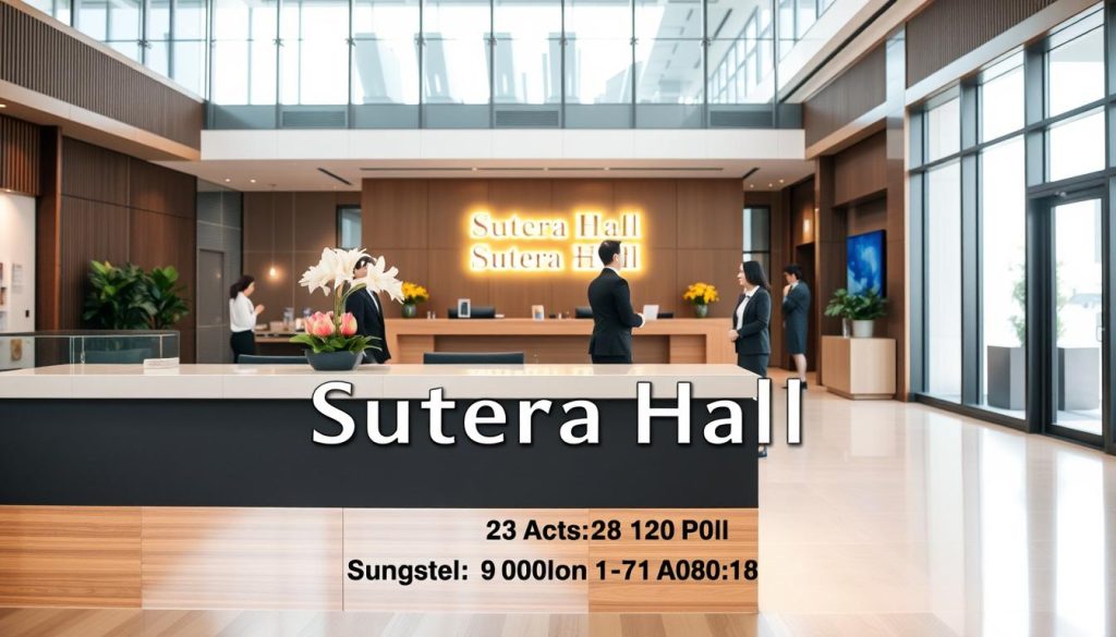 A professional business environment showcasing "Sutera Hall" with a clear focus on operational hours and contact information. In the foreground, a sleek reception area with a polished wooden desk adorned with a welcoming flower arrangement. In the middle ground, elegantly dressed staff in professional attire engaging with visitors, providing assistance. The background features large glass windows allowing natural light to flood the space, illuminating modern decor and the Sutera Hall logo prominently displayed on the wall. The atmosphere is bright, inviting, and efficient, suggesting a place of business readiness. Use soft lighting to create an open and welcoming feel, shot from an angle that captures the depth of the space, ensuring clarity and focus on the operational aspect. No text or overlays present in the image. A professional business environment showcasing "Sutera Hall" with a clear focus on operational hours and contact information. In the foreground, a sleek reception area with a polished wooden desk adorned with a welcoming flower arrangement. In the middle ground, elegantly dressed staff in professional attire engaging with visitors, providing assistance. The background features large glass windows allowing natural light to flood the space, illuminating modern decor and the Sutera Hall logo prominently displayed on the wall. The atmosphere is bright, inviting, and efficient, suggesting a place of business readiness. Use soft lighting to create an open and welcoming feel, shot from an angle that captures the depth of the space, ensuring clarity and focus on the operational aspect. No text or overlays present in the image.