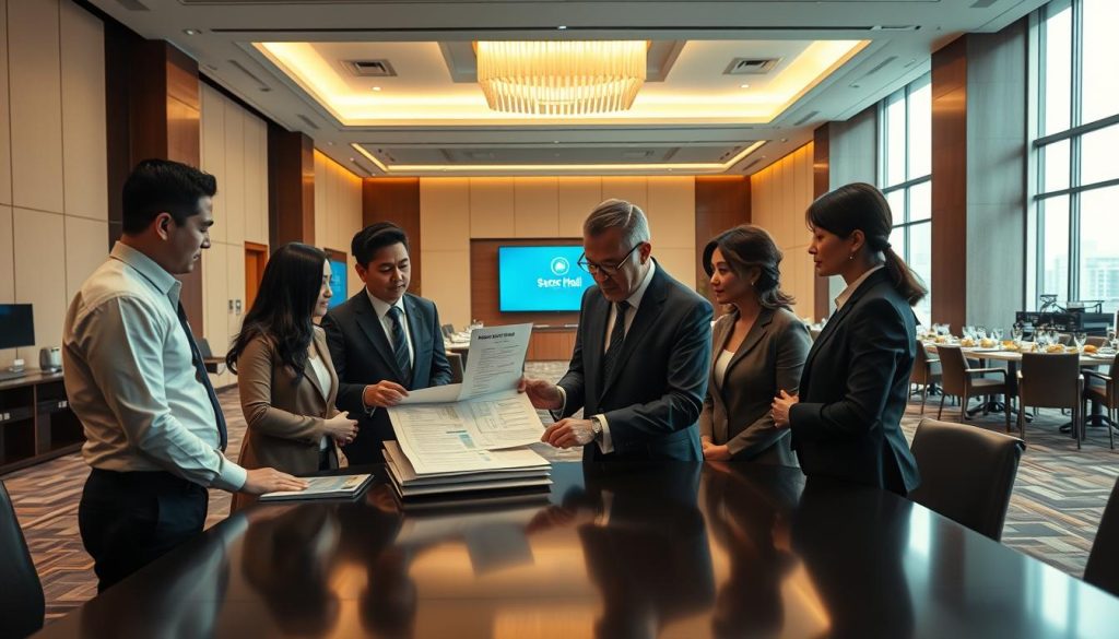 A professional business meeting space within Sutera Hall, showcasing a detailed evaluation of facilities and budget for a corporate seminar. In the foreground, a diverse group of business professionals in formal attire, including men and women engaged in discussion while reviewing a checklist and budget documents on a sleek conference table. In the middle ground, a modern seminar room featuring high-quality audio-visual equipment, large windows allowing natural light to bathe the space, and ample seating arranged for attendees. In the background, a glimpse of a refreshments area with elegant catering options. The atmosphere is focused and collaborative, emphasizing professionalism and preparation, captured with soft, ambient lighting and a wide-angle lens to convey depth and detail. A professional business meeting space within Sutera Hall, showcasing a detailed evaluation of facilities and budget for a corporate seminar. In the foreground, a diverse group of business professionals in formal attire, including men and women engaged in discussion while reviewing a checklist and budget documents on a sleek conference table. In the middle ground, a modern seminar room featuring high-quality audio-visual equipment, large windows allowing natural light to bathe the space, and ample seating arranged for attendees. In the background, a glimpse of a refreshments area with elegant catering options. The atmosphere is focused and collaborative, emphasizing professionalism and preparation, captured with soft, ambient lighting and a wide-angle lens to convey depth and detail.