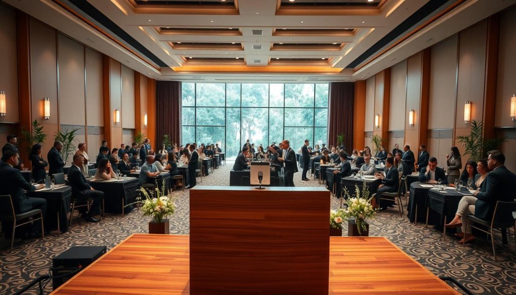 A professional corporate event format at Sutera Hall, showcasing an elegant setup suitable for business engagements. In the foreground, a polished wooden stage with a sleek podium and a modern microphone is set, surrounded by tasteful floral arrangements. The middle ground features rows of neatly arranged tables with smartly dressed attendees in professional attire engaged in discussions and networking. In the background, large windows reveal lush greenery outside, allowing natural light to flood the space, creating an inviting atmosphere. The mood is dynamic yet sophisticated, with warm, ambient lighting that enhances the elegant decor of the hall. The image captures the essence of a professional gathering, emphasizing Sutera Hall's suitability for corporate events. A professional corporate event format at Sutera Hall, showcasing an elegant setup suitable for business engagements. In the foreground, a polished wooden stage with a sleek podium and a modern microphone is set, surrounded by tasteful floral arrangements. The middle ground features rows of neatly arranged tables with smartly dressed attendees in professional attire engaged in discussions and networking. In the background, large windows reveal lush greenery outside, allowing natural light to flood the space, creating an inviting atmosphere. The mood is dynamic yet sophisticated, with warm, ambient lighting that enhances the elegant decor of the hall. The image captures the essence of a professional gathering, emphasizing Sutera Hall's suitability for corporate events.