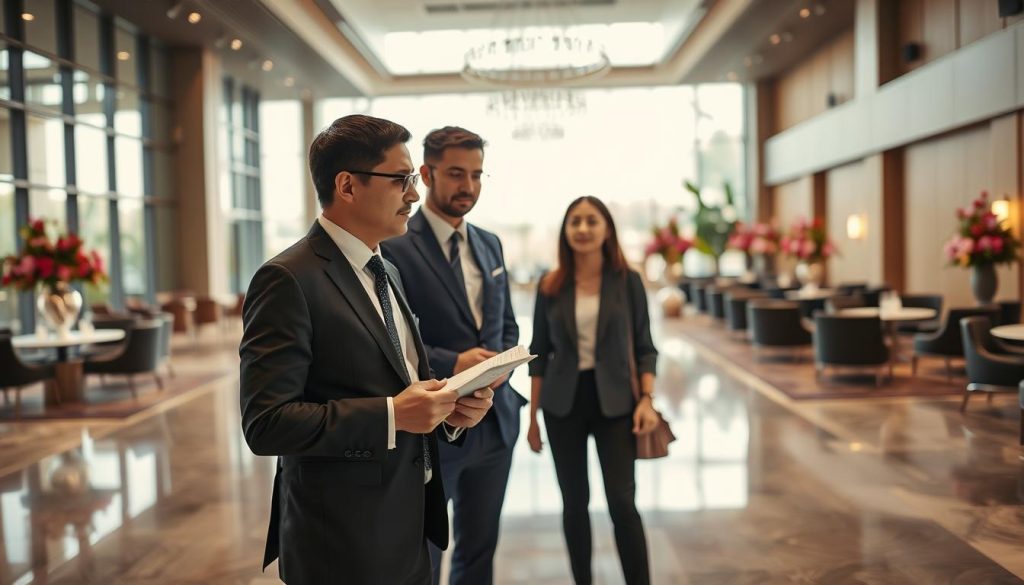 A professional event organizer evaluating a modern corporate venue, Sutera Hall, with a spacious interior and elegant decor. In the foreground, a focused organizer in a tailored business suit takes notes while discussing preferences with a venue manager, who wears smart casual attire. The middle background features large windows allowing natural light to fill the room, highlighting vibrant floral arrangements and sophisticated seating areas. The atmosphere is collaborative and professional, capturing a sense of anticipation and creativity. Use bright, warm lighting to enhance the inviting ambiance, with a slight depth of field effect for an intimate feel. The angle captures a dynamic view of the venue’s layout, emphasizing its versatility for corporate events. A professional event organizer evaluating a modern corporate venue, Sutera Hall, with a spacious interior and elegant decor. In the foreground, a focused organizer in a tailored business suit takes notes while discussing preferences with a venue manager, who wears smart casual attire. The middle background features large windows allowing natural light to fill the room, highlighting vibrant floral arrangements and sophisticated seating areas. The atmosphere is collaborative and professional, capturing a sense of anticipation and creativity. Use bright, warm lighting to enhance the inviting ambiance, with a slight depth of field effect for an intimate feel. The angle captures a dynamic view of the venue’s layout, emphasizing its versatility for corporate events.
