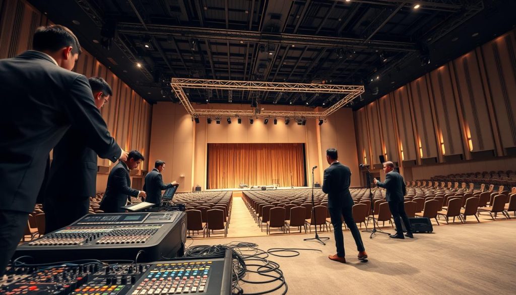 A professional event technical setup scene in a large, well-lit auditorium at Sutera Hall. In the foreground, a group of technicians in smart business attire are configuring audio equipment and running cables, with various high-tech devices like sound mixers and lighting controllers visible. In the middle ground, a sizable stage is being constructed, featuring a large backdrop and adjustable lighting rigs hanging above. In the background, the spacious auditorium is filled with rows of empty chairs, sparsely decorated with elegant drapery. Soft, warm lighting enhances the collaborative atmosphere while a sense of urgency and preparation fills the air. Capture the scene from a low angle to emphasize the scale of the stage and equipment, creating a dynamic perspective.