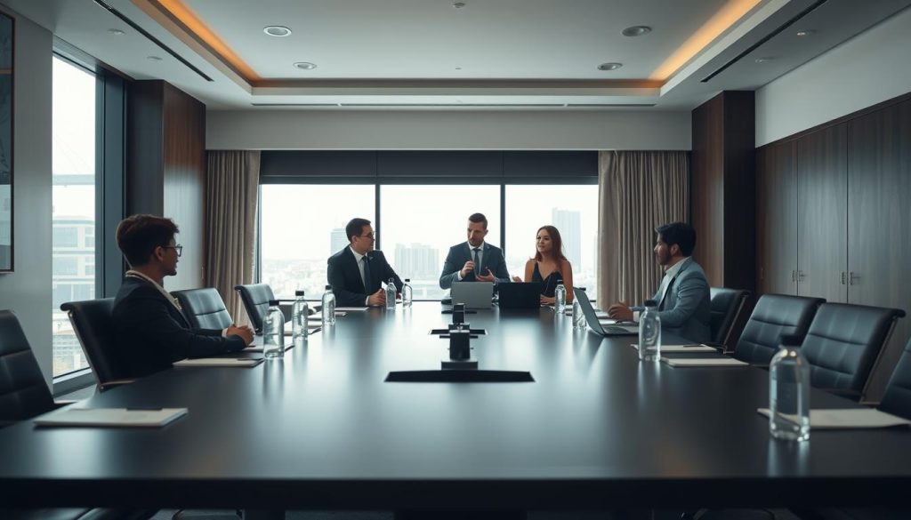 A professional meeting room set in Sutera Hall, Tangerang Selatan, designed for director meetings. In the foreground, a sleek, modern conference table adorned with laptops, notepads, and water bottles. Middle ground features a group of four well-dressed individuals engaged in discussion, reflecting a dynamic atmosphere of collaboration. The background showcases large windows allowing natural light to pour in, highlighting the minimalist décor and urban view outside. The lighting is soft yet bright, enhancing the professional ambiance. Shot from a slightly elevated angle to capture both the participants and the room’s spaciousness. The mood is focused and productive, emphasizing the importance of pricing and duration considerations for venue usage. A professional meeting room set in Sutera Hall, Tangerang Selatan, designed for director meetings. In the foreground, a sleek, modern conference table adorned with laptops, notepads, and water bottles. Middle ground features a group of four well-dressed individuals engaged in discussion, reflecting a dynamic atmosphere of collaboration. The background showcases large windows allowing natural light to pour in, highlighting the minimalist décor and urban view outside. The lighting is soft yet bright, enhancing the professional ambiance. Shot from a slightly elevated angle to capture both the participants and the room’s spaciousness. The mood is focused and productive, emphasizing the importance of pricing and duration considerations for venue usage.