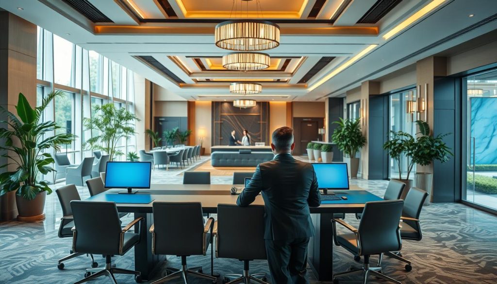 A professional setting showcasing the "Sutera Hall" venue for corporate events, featuring a spacious and elegantly designed interior with modern décor. The foreground includes a well-dressed businesswoman and businessman discussing plans at a sleek conference table, surrounded by contemporary chairs and high-tech presentation screens. The middle ground reveals a stylish reception area with lush greenery and tasteful lighting, emphasizing a welcoming atmosphere. In the background, large windows let in natural light, offering a view of a well-maintained outdoor garden. The scene is illuminated with soft, warm lighting to create a productive and inviting mood. Capture this from a slightly elevated angle to display the venue's layout and ambiance, ensuring professionalism and elegance throughout. A professional setting showcasing the "Sutera Hall" venue for corporate events, featuring a spacious and elegantly designed interior with modern décor. The foreground includes a well-dressed businesswoman and businessman discussing plans at a sleek conference table, surrounded by contemporary chairs and high-tech presentation screens. The middle ground reveals a stylish reception area with lush greenery and tasteful lighting, emphasizing a welcoming atmosphere. In the background, large windows let in natural light, offering a view of a well-maintained outdoor garden. The scene is illuminated with soft, warm lighting to create a productive and inviting mood. Capture this from a slightly elevated angle to display the venue's layout and ambiance, ensuring professionalism and elegance throughout.