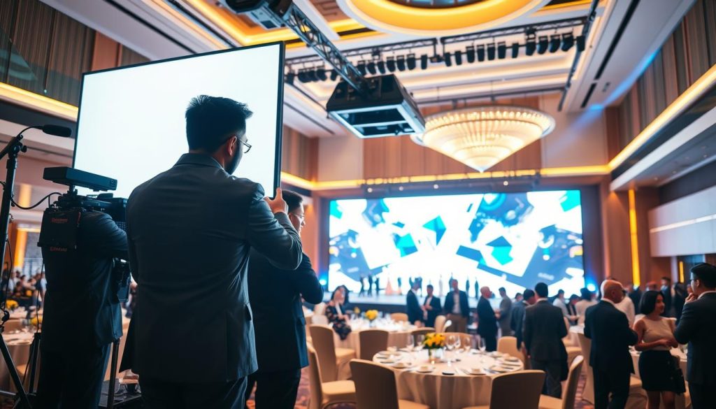 A professional technical service setup at Sutera Hall, showcasing a vibrant product launch event. In the foreground, a team of technicians in smart business attire carefully adjusts a large, bright LED wall that displays engaging visuals. The middle ground features elegantly decorated tables with attendees networking and interacting, all dressed in upscale business attire. The background reveals the spacious hall with modern architecture, ambient lighting that enhances the atmosphere, and guests mingling in a polished, professional environment. Capture this scene from a slightly elevated angle to emphasize the grandeur of Sutera Hall, incorporating soft, warm lighting to create a welcoming mood, evoking excitement and professionalism in the air. A professional technical service setup at Sutera Hall, showcasing a vibrant product launch event. In the foreground, a team of technicians in smart business attire carefully adjusts a large, bright LED wall that displays engaging visuals. The middle ground features elegantly decorated tables with attendees networking and interacting, all dressed in upscale business attire. The background reveals the spacious hall with modern architecture, ambient lighting that enhances the atmosphere, and guests mingling in a polished, professional environment. Capture this scene from a slightly elevated angle to emphasize the grandeur of Sutera Hall, incorporating soft, warm lighting to create a welcoming mood, evoking excitement and professionalism in the air.