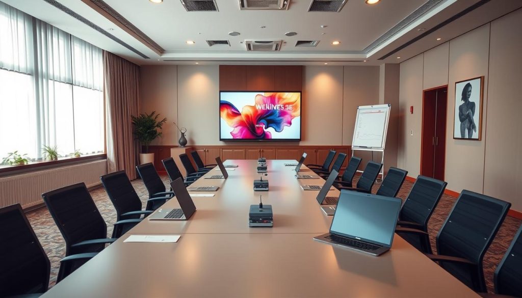 A professional training room at Sutera Hall, designed for small to mid-sized group sessions. The foreground features a long, sleek conference table surrounded by ergonomic chairs, set up with modern laptops and notepads. In the middle, a large projector screen displays a vibrant, abstract design, ready for presentations. Soft, natural light floods the room through large windows, creating a warm and inviting atmosphere. The walls are adorned with motivational artwork and subtle greenery for a refreshing touch. In the background, a whiteboard and flip charts are available for brainstorming. The overall mood is one of focus and inspiration, emphasizing a conducive environment for professional development. The perspective is slightly elevated, showcasing the entire setup harmoniously. A professional training room at Sutera Hall, designed for small to mid-sized group sessions. The foreground features a long, sleek conference table surrounded by ergonomic chairs, set up with modern laptops and notepads. In the middle, a large projector screen displays a vibrant, abstract design, ready for presentations. Soft, natural light floods the room through large windows, creating a warm and inviting atmosphere. The walls are adorned with motivational artwork and subtle greenery for a refreshing touch. In the background, a whiteboard and flip charts are available for brainstorming. The overall mood is one of focus and inspiration, emphasizing a conducive environment for professional development. The perspective is slightly elevated, showcasing the entire setup harmoniously.