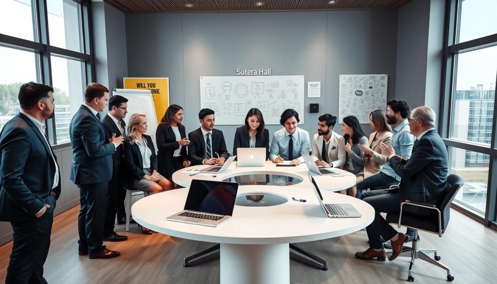 A professional training session taking place in a modern, stylish training room at "Sutera Hall". In the foreground, a diverse group of business professionals, dressed in formal and smart casual attire, are engaged in an interactive workshop, showcasing collaboration and enthusiasm. The middle ground features a sleek round table with laptops and notebooks, surrounded by large windows that allow natural light to flood the room, enhancing the positive atmosphere. In the background, motivational posters and a whiteboard filled with ideas create an inspiring environment. The lighting is bright yet soft, creating a welcoming and productive feel. The perspective is slightly elevated, providing a comprehensive view of the dynamic training setup, capturing the essence of successful professional development.