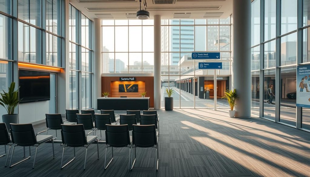 A professional training space named "Sutera Hall" set in a modern building, showcasing a strategically accessible location. In the foreground, a spacious training room with movable seating arrangements and large windows allowing natural light to flood in, creating a bright and inviting atmosphere. In the middle ground, a well-designed reception area with a welcoming desk and stylish decor, incorporating elements such as greenery and modern artwork. In the background, a clear view of a nearby public transport station and accessible pathways, emphasizing convenience. The lighting is bright and warm, suggesting a daytime setting, while the overall mood conveys focus, professionalism, and accessibility for training sessions.