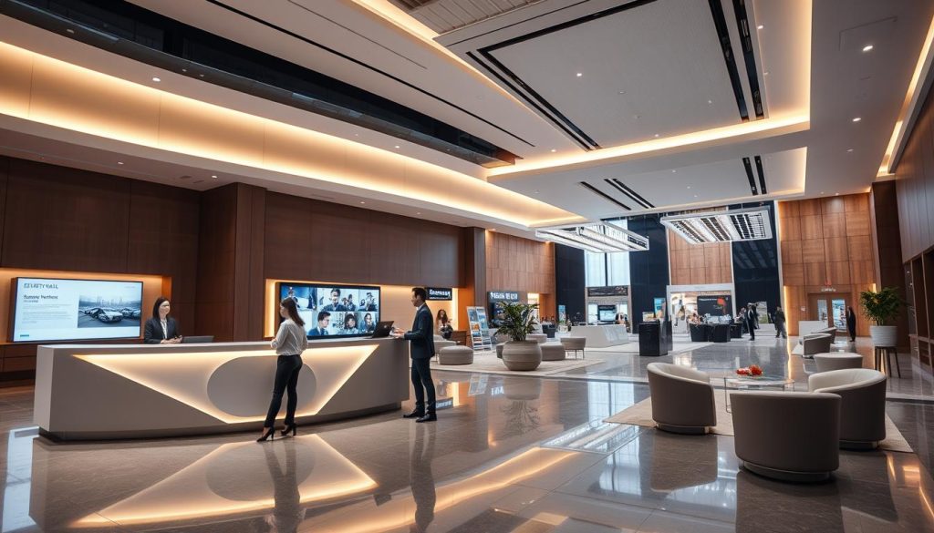 A sleek and modern interior of Sutera Hall, designed for corporate events, shows a spacious reservation desk prominently in the foreground, with a stylish receptionist assisting a businessperson in professional attire. In the middle ground, large screens display information about the venues and an elegant waiting area with contemporary seating. The background features a well-lit exhibition space, showcasing sophisticated decor and minimalistic design, perfect for company gatherings. The atmosphere is dynamic yet professional, illuminated by soft, warm lighting that enhances productivity. The wide-angle perspective captures the spaciousness of the hall, highlighting Sutera Hall’s versatility for corporate events. A sleek and modern interior of Sutera Hall, designed for corporate events, shows a spacious reservation desk prominently in the foreground, with a stylish receptionist assisting a businessperson in professional attire. In the middle ground, large screens display information about the venues and an elegant waiting area with contemporary seating. The background features a well-lit exhibition space, showcasing sophisticated decor and minimalistic design, perfect for company gatherings. The atmosphere is dynamic yet professional, illuminated by soft, warm lighting that enhances productivity. The wide-angle perspective captures the spaciousness of the hall, highlighting Sutera Hall’s versatility for corporate events.