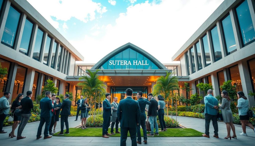 A sleek, modern exterior view of Sutera Hall in Tangerang, showcasing its distinctive architecture with large glass windows and elegant landscaping. In the foreground, a diverse group of professionals in business attire engage in conversation, exuding a welcoming atmosphere. In the middle ground, the entrance of Sutera Hall is framed by lush greenery and decorative lighting, highlighting its strategic location for events. The background reveals a well-maintained cityscape under a clear blue sky, suggesting accessibility and vibrancy. The lighting is bright and inviting, emphasizing a sense of professionalism and innovation. Capture this scene with a wide-angle lens to convey the grand scale of Sutera Hall, ensuring the image feels dynamic and engaging. A sleek, modern exterior view of Sutera Hall in Tangerang, showcasing its distinctive architecture with large glass windows and elegant landscaping. In the foreground, a diverse group of professionals in business attire engage in conversation, exuding a welcoming atmosphere. In the middle ground, the entrance of Sutera Hall is framed by lush greenery and decorative lighting, highlighting its strategic location for events. The background reveals a well-maintained cityscape under a clear blue sky, suggesting accessibility and vibrancy. The lighting is bright and inviting, emphasizing a sense of professionalism and innovation. Capture this scene with a wide-angle lens to convey the grand scale of Sutera Hall, ensuring the image feels dynamic and engaging.