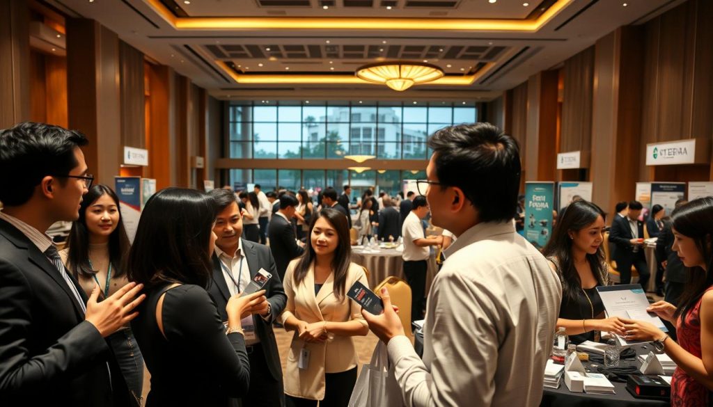 A sophisticated business event taking place in Sutera Hall, showcasing various B2B activities. In the foreground, elegantly dressed professionals engage in discussions, exchanging business cards. The middle ground features formal tables adorned with promotional materials and banners of participating companies. Behind them, the expansive hall is well-lit with soft, ambient lighting, highlighting its modern architecture and stylish decor. Large windows reveal a glimpse of the outdoor landscape, enhancing the atmosphere. The image captures a dynamic yet professional mood, showcasing collaboration and networking opportunities in a vibrant business setting. The composition should be well-balanced, shot from a slight angle to emphasize depth and activity without any text, watermarks, or distractions. A sophisticated business event taking place in Sutera Hall, showcasing various B2B activities. In the foreground, elegantly dressed professionals engage in discussions, exchanging business cards. The middle ground features formal tables adorned with promotional materials and banners of participating companies. Behind them, the expansive hall is well-lit with soft, ambient lighting, highlighting its modern architecture and stylish decor. Large windows reveal a glimpse of the outdoor landscape, enhancing the atmosphere. The image captures a dynamic yet professional mood, showcasing collaboration and networking opportunities in a vibrant business setting. The composition should be well-balanced, shot from a slight angle to emphasize depth and activity without any text, watermarks, or distractions.