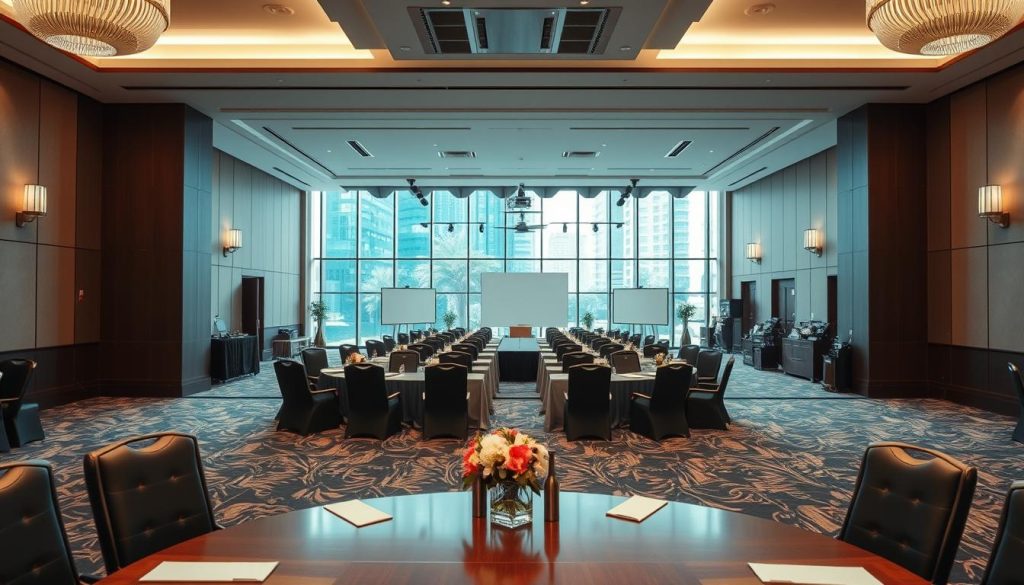 A sophisticated conference setting at Sutera Hall, featuring a distinct split view to illustrate half-day and full-day meeting packages. In the foreground, a round-table meeting setup with a polished wooden table, elegant chairs, and decorative floral arrangements, representing the half-day experience. In the middle ground, a broader view of a larger, rectangular layout showcasing an open space filled with modern AV equipment, projectors, and refreshments for the full-day package. The background highlights large windows allowing natural light to pour in, illuminating the room. The atmosphere is professional and inviting, with soft overhead lighting to enhance the mood. Capture the essence of business productivity, showcasing a blend of focus and comfort within the venue space, emphasizing Sutera Hall's offerings.