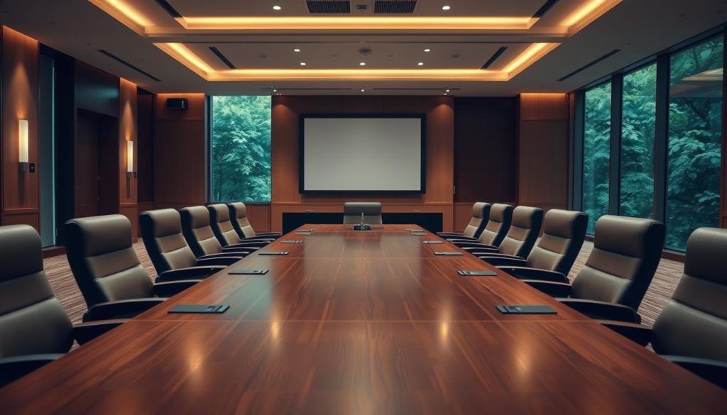 A spacious and elegant conference room at Sutera Hall, designed to accommodate 100 people, is depicted in the foreground. The room features a large, polished wooden table surrounded by comfortable, professional chairs. In the middle, a large screen is positioned at the front of the room, with soft, warm lighting casting a welcoming glow throughout the space, creating a productive atmosphere. The background showcases floor-to-ceiling windows allowing natural light to pour in, with a view of lush greenery outside. The setting conveys a sense of professionalism and modernity, ideal for important meetings. Capture the essence of a corporate environment, emphasizing clarity and focus, with no human figures present. Ideal for an article, with a serene and inviting ambiance. A spacious and elegant conference room at Sutera Hall, designed to accommodate 100 people, is depicted in the foreground. The room features a large, polished wooden table surrounded by comfortable, professional chairs. In the middle, a large screen is positioned at the front of the room, with soft, warm lighting casting a welcoming glow throughout the space, creating a productive atmosphere. The background showcases floor-to-ceiling windows allowing natural light to pour in, with a view of lush greenery outside. The setting conveys a sense of professionalism and modernity, ideal for important meetings. Capture the essence of a corporate environment, emphasizing clarity and focus, with no human figures present. Ideal for an article, with a serene and inviting ambiance.