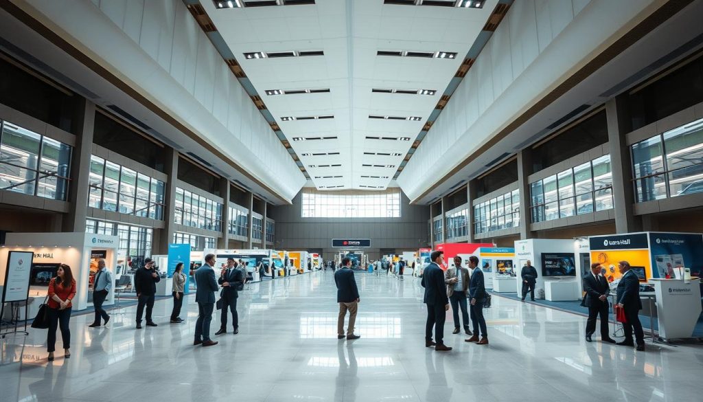 A spacious and elegant exhibition venue, Sutera Hall features a large loading dock seamlessly integrated into its architecture. In the foreground, showcase the pristine floors reflecting soft natural light from expansive windows, while professionals in business attire discuss among themselves. The middle ground reveals elegantly arranged exhibition booths with contemporary designs, diverse in colors and shapes, alongside sleek signage. In the background, tall ceilings with modern lighting fixtures create an airy atmosphere, enhancing the venue's spaciousness. Capture a wide-angle perspective to emphasize the venue's capability to accommodate large events. The overall mood is vibrant and professional, inviting attendees to connect and engage in a meaningful experience.