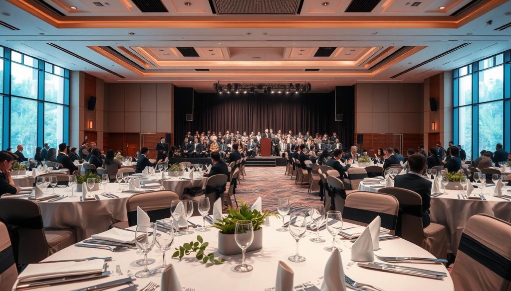 A spacious and elegantly arranged corporate event at Sutera Hall, featuring modern decor with a sophisticated color palette. In the foreground, prominently displayed tables set for a networking event, adorned with neatly folded napkins and centerpieces of greenery. The middle ground showcases a large stage with professional audiovisual setup, where a speaker is addressing a captivated audience in formal business attire. The background reveals floor-to-ceiling windows allowing natural light to illuminate the space, casting a warm glow over the event. The atmosphere is professional and inviting, suggesting a successful gathering for various corporate activities, from seminars to workshops. The lighting emphasizes a contemporary yet classic aesthetic, enhancing the grandeur of Sutera Hall.