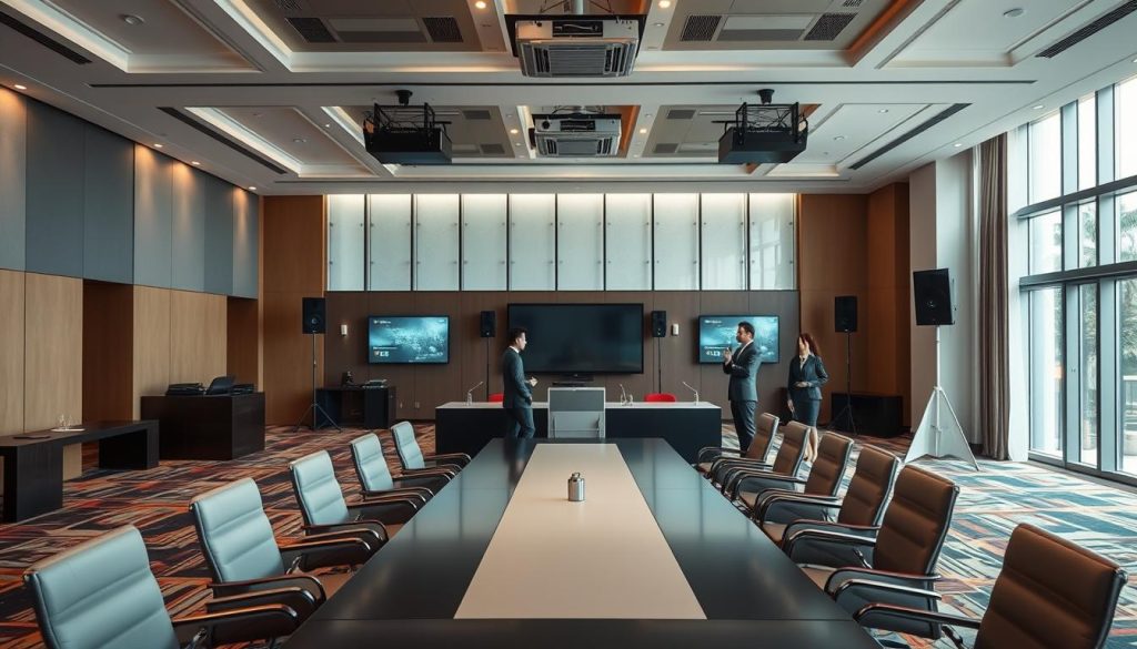A spacious and elegantly designed conference hall, "Sutera Hall," showcasing complete facilities for hosting professional events. In the foreground, sleek, modern furnishings such as a large rectangular table surrounded by comfortable office chairs. The middle ground features state-of-the-art audio-visual equipment, including projectors, screens, and sound systems strategically placed for optimal visibility. The background reveals large windows letting in soft, natural light, enhancing the room's inviting atmosphere. The color palette consists of muted tones with pops of vibrant accents, creating a professional yet warm feeling. The scene is lively, with a few business professionals in smart attire engaged in discussions, reflecting collaboration and productivity. The overall mood is one of sophistication and readiness, ideal for conferences and meetings.