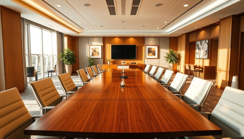A spacious and elegantly designed conference room named "Sutera Hall", featuring modern furnishings and state-of-the-art audiovisual equipment. The foreground shows a large, polished wooden conference table surrounded by comfortable, contemporary office chairs. In the middle ground, there are large windows allowing natural light to flood in, casting soft shadows across the room. The backdrop showcases tasteful artwork on the walls and indoor plants that add a touch of greenery. The lighting is warm and inviting, creating a professional yet relaxed atmosphere suitable for corporate meetings and seminars. The camera angle is slightly elevated, providing a broad view of the room’s layout and design features, emphasizing its functionality for consultations and reservations.