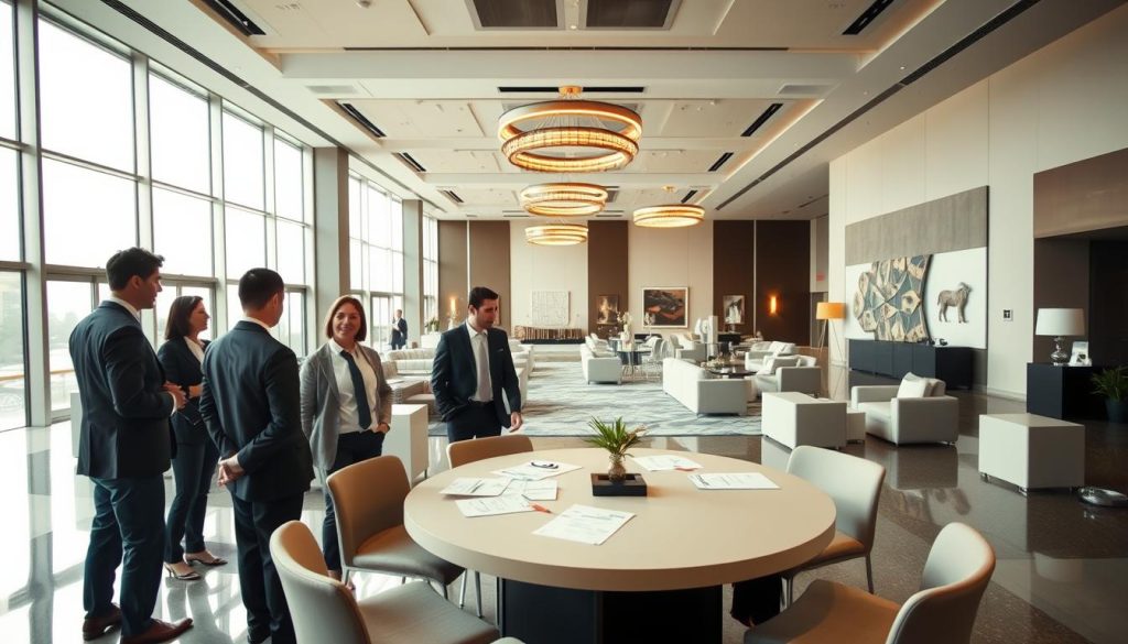 A spacious and elegantly designed event space named "Sutera Hall," featuring a modern interior with sleek furnishings and ample natural light streaming through large windows. In the foreground, a well-dressed professional team is seen discussing plans around a round table, while in the middle, various seating arrangements and decorations are visible, showcasing versatility for exhibitions. The background highlights sophisticated lighting fixtures and wall art that enhance the ambiance. The image is shot with a wide-angle lens to capture the vastness of the venue, with soft, warm lighting to create an inviting atmosphere, perfect for business events. The scene portrays a focus on operational efficiency and professionalism, making it ideal for a comparison of exhibition venues.