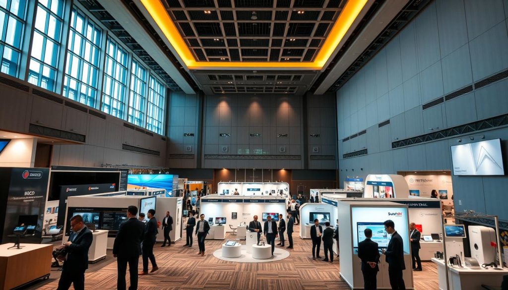 A spacious and elegantly designed exhibition hall set within the Sutera Hall venue in Tangerang. The foreground features sleek modern exhibition booths with professional business attendees, dressed in business attire, engaging in discussions. In the middle ground, an expansive area showcases high-quality displays, with soft spotlights illuminating various products on showcase. The background reveals large windows allowing natural light to filter in, creating a bright and inviting atmosphere. The overhead lighting is warm, enhancing the professional yet welcoming mood of the event. The overall composition should convey a sense of collaboration and innovation, emphasizing the Sutera Hall's role in hosting impactful B2B exhibitions.