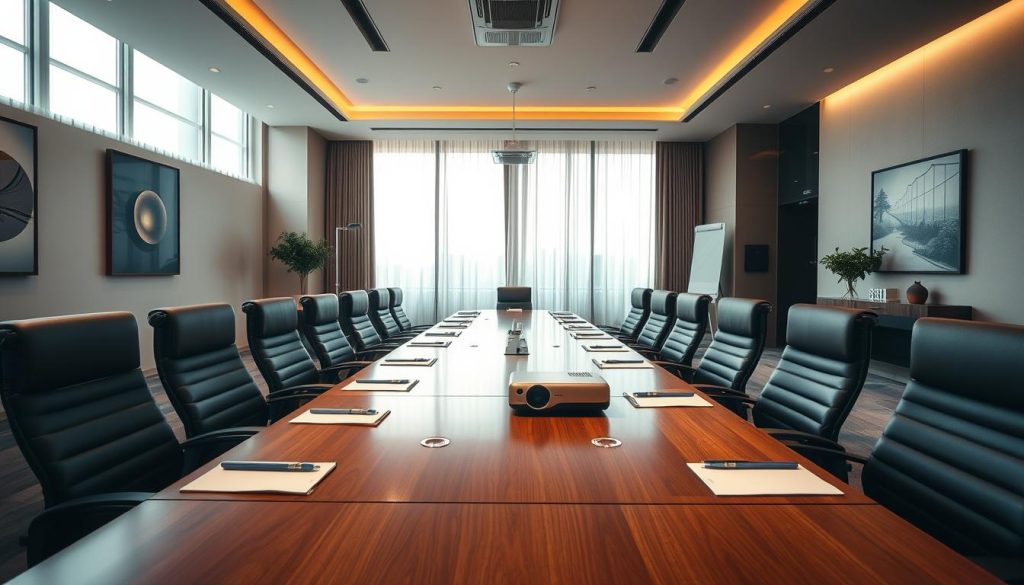 A spacious and modern conference room in Sutera Hall, located in Tangerang Selatan. The foreground features a sleek, long wooden conference table set up with high-end office chairs. On the table, there are notepads, pens, and a digital projector. In the middle, large windows allow natural light to flood in, with elegant sheer curtains softly diffusing the sunlight, creating a bright but professional atmosphere. The background showcases tasteful art on the walls and a contemporary design, with muted colors and minimalist decor, evoking a sophisticated yet inviting ambiance. The room is empty, promoting a sense of readiness and professionalism, illuminated by warm overhead lighting. Capture this scene from a slightly elevated angle, emphasizing the spaciousness and design elements of Sutera Hall. A spacious and modern conference room in Sutera Hall, located in Tangerang Selatan. The foreground features a sleek, long wooden conference table set up with high-end office chairs. On the table, there are notepads, pens, and a digital projector. In the middle, large windows allow natural light to flood in, with elegant sheer curtains softly diffusing the sunlight, creating a bright but professional atmosphere. The background showcases tasteful art on the walls and a contemporary design, with muted colors and minimalist decor, evoking a sophisticated yet inviting ambiance. The room is empty, promoting a sense of readiness and professionalism, illuminated by warm overhead lighting. Capture this scene from a slightly elevated angle, emphasizing the spaciousness and design elements of Sutera Hall.