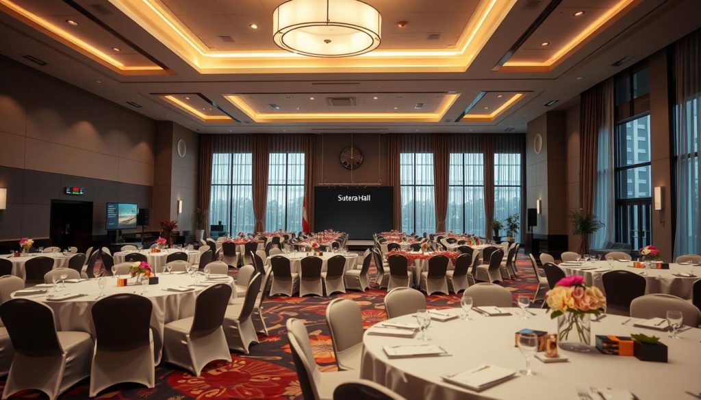 A spacious and modern event hall named "Sutera Hall," designed to accommodate a variety of gatherings. In the foreground, there are elegantly arranged round tables with white tablecloths and tasteful centerpieces. In the middle ground, a high ceiling with contemporary lighting fixtures casts a warm glow over the space, and rows of chairs are set up for a conference or seminar. The background features large windows that allow natural light to fill the room, framed by elegant drapery. The overall ambiance is professional yet welcoming, showcasing an atmosphere suitable for corporate events, exhibitions, and social gatherings. The scene conveys a sense of versatility and readiness to support any event needs, with a clean, polished aesthetic. A spacious and modern event hall named "Sutera Hall," designed to accommodate a variety of gatherings. In the foreground, there are elegantly arranged round tables with white tablecloths and tasteful centerpieces. In the middle ground, a high ceiling with contemporary lighting fixtures casts a warm glow over the space, and rows of chairs are set up for a conference or seminar. The background features large windows that allow natural light to fill the room, framed by elegant drapery. The overall ambiance is professional yet welcoming, showcasing an atmosphere suitable for corporate events, exhibitions, and social gatherings. The scene conveys a sense of versatility and readiness to support any event needs, with a clean, polished aesthetic.