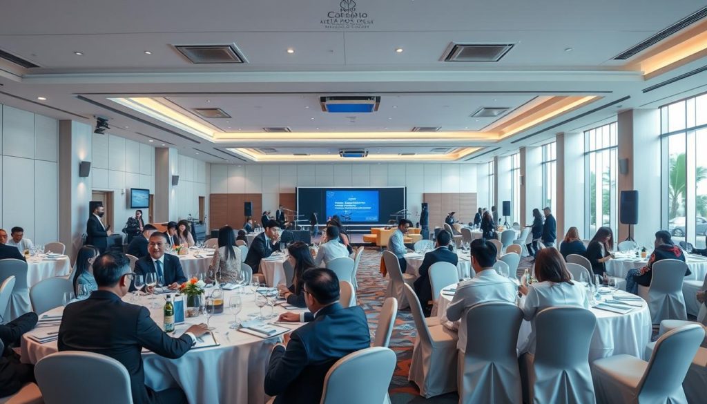 A spacious and modern event space named "Sutera Hall," showcasing a variety of amenities suitable for corporate events near West Jakarta. In the foreground, elegantly arranged tables with professional business attire guests engaged in discussions. The middle ground features a state-of-the-art audiovisual setup and stylish seating arrangements, highlighting the versatility of the venue. The background showcases large windows allowing natural light to flood the space, creating an inviting atmosphere. Soft, ambient lighting accentuates the clean, contemporary decor, while a subtle color palette of blues and greens enhances the calm and professional mood. The scene captures a lively yet organized corporate environment, perfect for hosting important events.