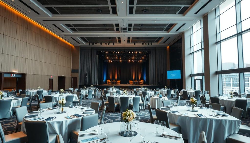 A spacious and modern interior of Sutera Hall, showcasing its versatile layout for MICE corporate events. The foreground features elegantly arranged round tables with minimalist centerpieces, set for a formal gathering. In the middle, a stage is prepared for presentations, surrounded by professional lighting that highlights the venue's contemporary decor. The background displays large windows with natural light filtering in, enhancing the welcoming atmosphere. The color palette includes soft neutrals with accents of corporate blue. Capture the image from a wide-angle perspective, emphasizing the scale and flexibility of the venue. The overall mood is professional and inviting, perfect for corporate events and conferences. A spacious and modern interior of Sutera Hall, showcasing its versatile layout for MICE corporate events. The foreground features elegantly arranged round tables with minimalist centerpieces, set for a formal gathering. In the middle, a stage is prepared for presentations, surrounded by professional lighting that highlights the venue's contemporary decor. The background displays large windows with natural light filtering in, enhancing the welcoming atmosphere. The color palette includes soft neutrals with accents of corporate blue. Capture the image from a wide-angle perspective, emphasizing the scale and flexibility of the venue. The overall mood is professional and inviting, perfect for corporate events and conferences.