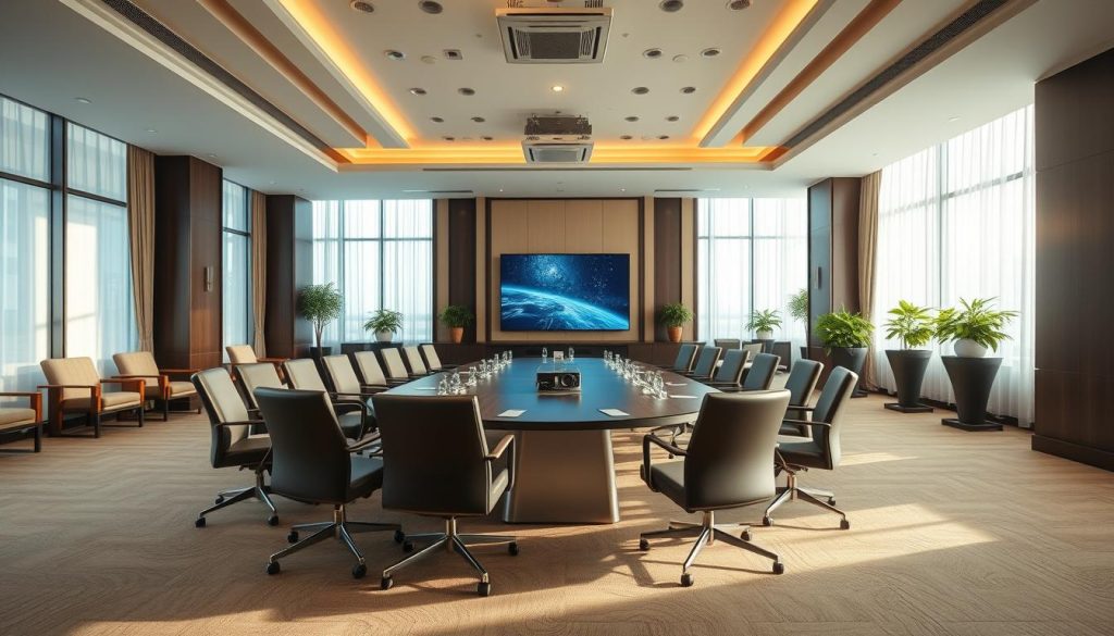 A spacious and modern meeting room at Sutera Hall, designed for strategic discussions and corporate events. In the foreground, a sleek oval conference table is surrounded by comfortable, ergonomic chairs, all arranged neatly. Natural light filters through large floor-to-ceiling windows, illuminating the room with a warm glow, creating an inviting atmosphere. In the middle ground, a high-tech projector and screen are displayed, with digital presentations ready for use. The background features tasteful decor, with greenery from potted plants adding a fresh touch. The room is empty, conveying a sense of readiness for an important meeting, while the decor reflects professionalism and sophistication. A camera angle captures the room from a slight elevation, emphasizing its spaciousness and modern design, ideal for half-day or full-day meetings.