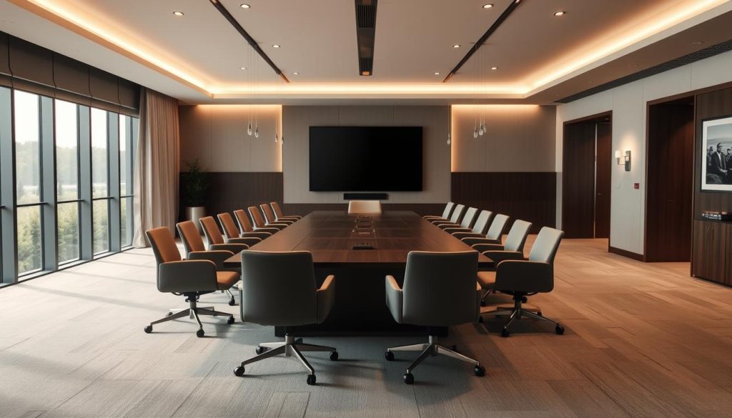 A spacious and modern meeting room titled "Sutera Hall," designed to accommodate corporate gatherings. In the foreground, a long, elegant table is surrounded by plush, ergonomic chairs, indicating a professional ambience. The middle ground features a large screen mounted on a wall, perfect for presentations, with a sleek, minimalist design. The background shows floor-to-ceiling windows that let in natural light, offering a view of a green landscape outside, creating a calm atmosphere. The room is accented with tasteful artwork and soft, neutral color palettes, conveying a sense of sophistication. The lighting is warm and inviting, emphasizing clarity and focus. Capture the essence of collaboration and productivity in this modern corporate meeting space. A spacious and modern meeting room titled "Sutera Hall," designed to accommodate corporate gatherings. In the foreground, a long, elegant table is surrounded by plush, ergonomic chairs, indicating a professional ambience. The middle ground features a large screen mounted on a wall, perfect for presentations, with a sleek, minimalist design. The background shows floor-to-ceiling windows that let in natural light, offering a view of a green landscape outside, creating a calm atmosphere. The room is accented with tasteful artwork and soft, neutral color palettes, conveying a sense of sophistication. The lighting is warm and inviting, emphasizing clarity and focus. Capture the essence of collaboration and productivity in this modern corporate meeting space.