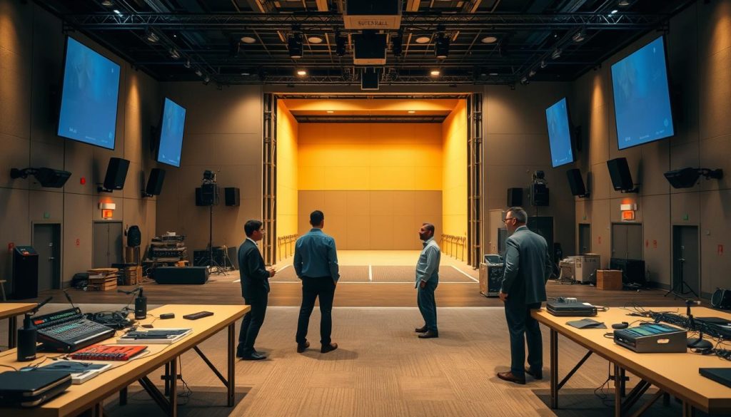 A spacious backstage area at Sutera Hall, showcasing well-organized facilities for event participants. In the foreground, neatly arranged tables with equipment like microphones, mixers, and stage props; professional staff in business attire discussing logistics. The middle ground features a large loading dock with access for deliveries, providing a clear view of the backstage entrance. The background displays walls adorned with professional lighting setups and soundproof panels, enhancing the event atmosphere. Soft, warm lighting creates an inviting environment, highlighting the efficiency and professionalism of the space. The perspective is slightly elevated, capturing the essence of a bustling venue that effectively supports events and its participants.