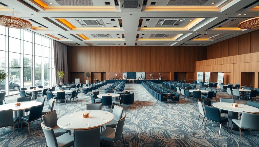 A spacious corporate event venue named "Sutera Hall", showcasing flexible seating arrangements suitable for conferences and gatherings. In the foreground, a clear layout of various seating configurations; round tables set for discussions, theater-style seating for presentations, and a networking area with modern furniture. The middle ground features large glass windows allowing natural light to flood the room, and elegant decorations that add a touch of professionalism. In the background, an organized space with banners prepared for branding, creating a welcoming atmosphere. The lighting is warm and inviting, enhancing the business-like ambiance. A professional lens captures the scene from a slightly elevated angle, conveying a sense of openness and versatility, perfect for corporate events.
