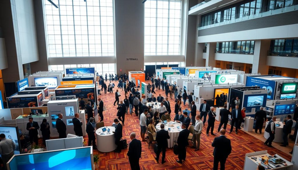 A spacious exhibition hall layout at Sutera Hall, designed for a B2B event. The foreground features neatly arranged exhibition booths with modern displays showcasing various business products and services. In the middle ground, attendees in professional business attire engage in networking, and discussions are held around round tables. The background includes large windows allowing natural light to stream in, illuminating the high ceilings and contemporary architecture. Soft, warm lighting highlights the vibrant colors of the booths and the professionalism of the attendees. The atmosphere is dynamic and collaborative, representing a successful exhibition space. Capture this scene from a slightly elevated angle to encompass the full layout and activity of the event space. A spacious exhibition hall layout at Sutera Hall, designed for a B2B event. The foreground features neatly arranged exhibition booths with modern displays showcasing various business products and services. In the middle ground, attendees in professional business attire engage in networking, and discussions are held around round tables. The background includes large windows allowing natural light to stream in, illuminating the high ceilings and contemporary architecture. Soft, warm lighting highlights the vibrant colors of the booths and the professionalism of the attendees. The atmosphere is dynamic and collaborative, representing a successful exhibition space. Capture this scene from a slightly elevated angle to encompass the full layout and activity of the event space.