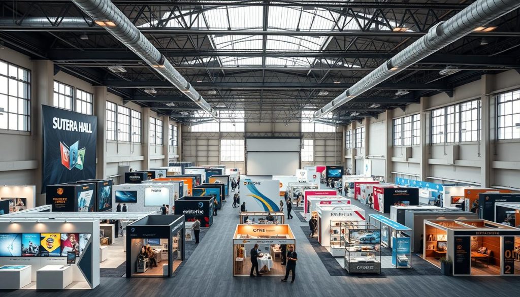 A spacious exhibition hall named "Sutera Hall," showcasing a large area for booths and decorations. In the foreground, elegantly designed exhibition booths in various styles, featuring modern pop-up displays and eye-catching graphics. The middle ground includes a wide, open layout with decorated spaces for product showcases and networking areas. The background displays high ceilings with industrial features, expansive windows letting in natural light, illuminating the area with a warm and inviting atmosphere. The scene captures a vibrant, professional environment, emphasizing accessibility with an oversized loading dock in the distance. The lighting is bright yet soft, creating an inspiring mood for exhibitors. Use a wide-angle lens to emphasize the scale and grandeur of the space.