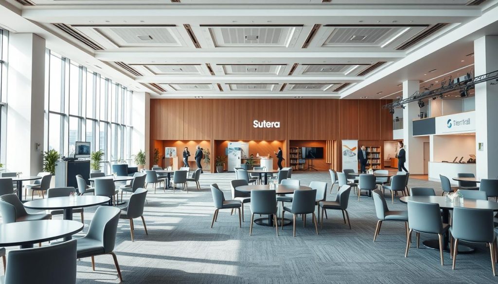 A spacious, flexible event space designed for professional gatherings, featuring a modern interior with clear lines and neutral tones. The foreground showcases a well-organized setup of stylish chairs and tables arranged for networking, with a welcoming reception area. In the middle, large windows allow natural light to flood the room, creating an inviting ambiance, while high-tech lighting fixtures accentuate the space's versatility. The backdrop consists of sleek partitions that can be adapted for various exhibition layouts. The atmosphere is professional yet warm, ideal for B2B exhibitions. Include subtle branding elements of "Sutera Hall" within the environment, maintaining a cohesive design that reflects sophistication and functionality. A spacious, flexible event space designed for professional gatherings, featuring a modern interior with clear lines and neutral tones. The foreground showcases a well-organized setup of stylish chairs and tables arranged for networking, with a welcoming reception area. In the middle, large windows allow natural light to flood the room, creating an inviting ambiance, while high-tech lighting fixtures accentuate the space's versatility. The backdrop consists of sleek partitions that can be adapted for various exhibition layouts. The atmosphere is professional yet warm, ideal for B2B exhibitions. Include subtle branding elements of "Sutera Hall" within the environment, maintaining a cohesive design that reflects sophistication and functionality.