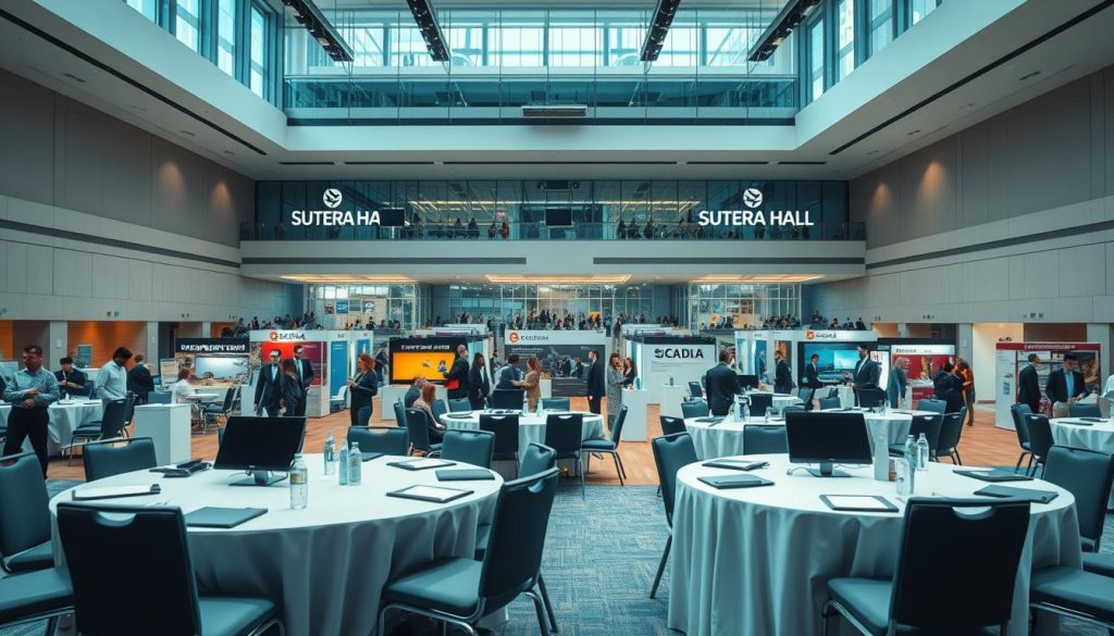 A spacious, modern exhibition hall named "Sutera Hall" designed for B2B events, showcasing its impressive capacity. In the foreground, showcase elegant round tables with audio-visual equipment for presentations, surrounded by chairs that allow for networking. The middle layer features a variety of booths for exhibitors, arranged to promote interaction, with professional individuals in business attire engaging with attendees. In the background, large windows allow natural light to flood the space, accentuating the high ceilings and contemporary design. The atmosphere is vibrant yet professional, with soft, flattering lighting that enhances the hall's openness. The angle captures the expanse of the hall, inviting viewers to imagine hosting a successful exhibition in this prime location. A spacious, modern exhibition hall named "Sutera Hall" designed for B2B events, showcasing its impressive capacity. In the foreground, showcase elegant round tables with audio-visual equipment for presentations, surrounded by chairs that allow for networking. The middle layer features a variety of booths for exhibitors, arranged to promote interaction, with professional individuals in business attire engaging with attendees. In the background, large windows allow natural light to flood the space, accentuating the high ceilings and contemporary design. The atmosphere is vibrant yet professional, with soft, flattering lighting that enhances the hall's openness. The angle captures the expanse of the hall, inviting viewers to imagine hosting a successful exhibition in this prime location.