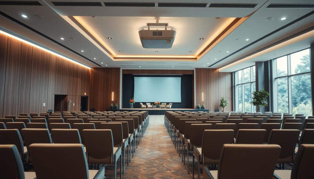 A spacious, modern seminar hall named Sutera Hall designed for large events.