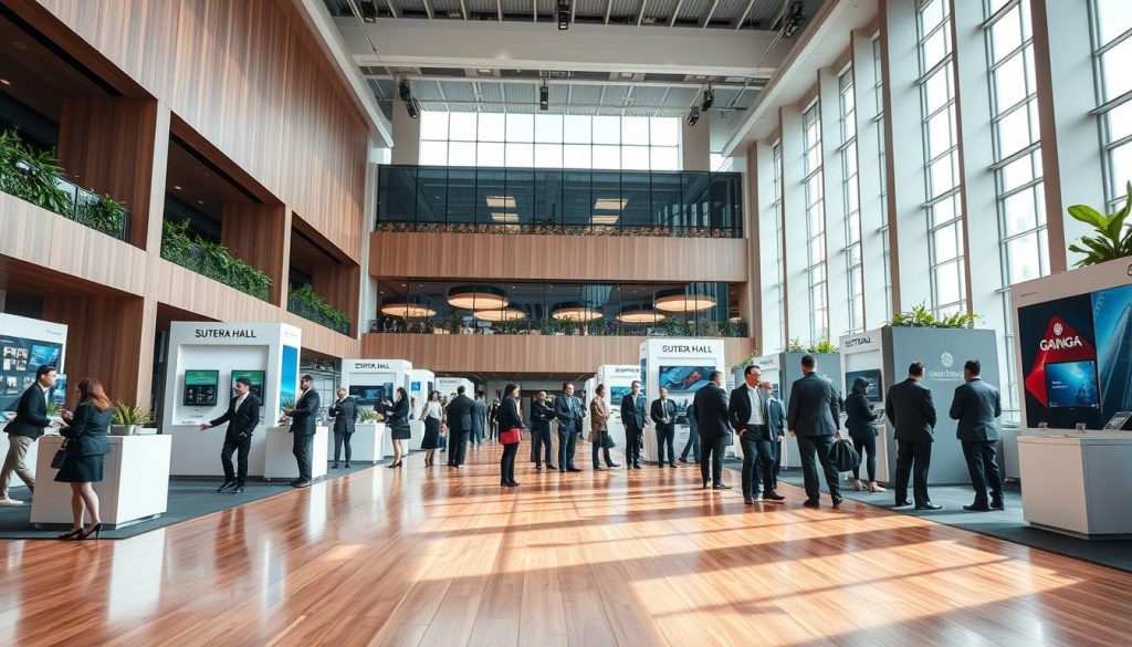 A spacious multi-purpose event hall named "Sutera Hall" in Alam Sutera, designed for B2B exhibitions. The foreground features a sleek, polished wooden floor with neatly arranged modern exhibition booths showcasing products. In the middle, elegantly dressed professionals in business attire interact, some discussing over displays while others network, conveying a sense of collaboration and opportunity. The background includes large windows allowing natural light to flood in, with a sophisticated color palette of neutral tones and accents of green plants for a welcoming atmosphere. The lighting is bright and inviting, captured from a slightly elevated angle to emphasize the grandeur of the space. The overall mood is energetic and professional, reflecting a hub of innovation and business potential.