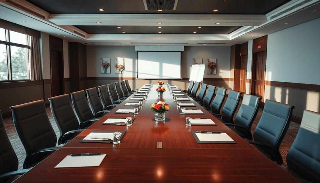 A spacious seminar room in Cisadane 3 at Sutera Hall, elegantly arranged for a business meeting. The foreground features a long, polished conference table surrounded by modern, ergonomic chairs. In the middle, neatly arranged place settings with notebooks and pens, complemented by minimalistic centerpieces. The room is well-lit with natural light streaming through large windows, casting soft shadows that enhance the professional atmosphere. The background showcases tasteful wall decorations and a state-of-the-art projector screen, highlighting the space’s focus on functionality and aesthetics. The mood is inviting yet formal, perfect for collaborative discussions. A spacious seminar room in Cisadane 3 at Sutera Hall, elegantly arranged for a business meeting. The foreground features a long, polished conference table surrounded by modern, ergonomic chairs. In the middle, neatly arranged place settings with notebooks and pens, complemented by minimalistic centerpieces. The room is well-lit with natural light streaming through large windows, casting soft shadows that enhance the professional atmosphere. The background showcases tasteful wall decorations and a state-of-the-art projector screen, highlighting the space’s focus on functionality and aesthetics. The mood is inviting yet formal, perfect for collaborative discussions.