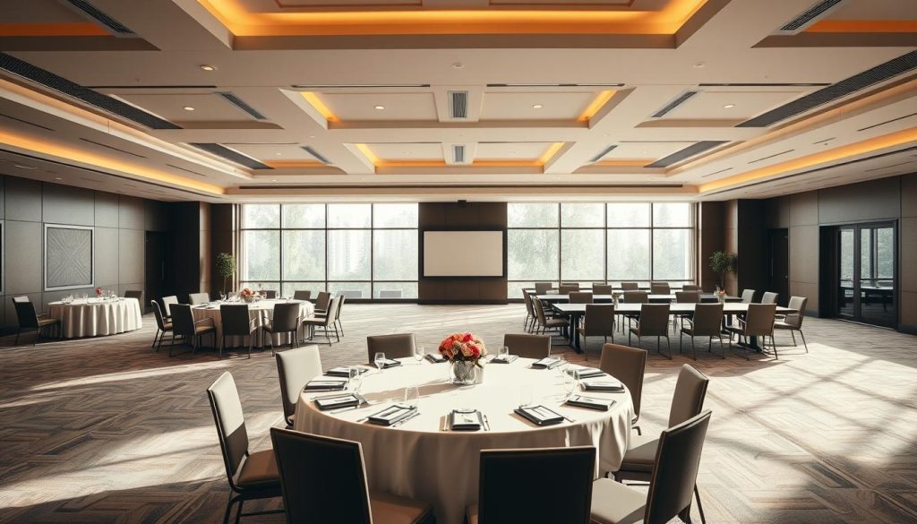 A spacious, well-lit conference room layout showcasing the contrast between a ballroom and a meeting room, integrated within "Sutera Hall". In the foreground, a round banquet table setting in a ballroom, adorned with elegant decor, surrounded by chairs. In the middle ground, a more formal meeting room setup featuring a long rectangular table, modern office chairs, and a projector setup. The background features large windows allowing natural light to pour in, highlighting the contrasting atmospheres of both spaces. Use a wide-angle lens perspective to encompass the entirety of each room layout. The overall mood should be professional, inviting, and focused on effective space utilization, conveying an atmosphere suitable for either celebratory events or serious meetings.