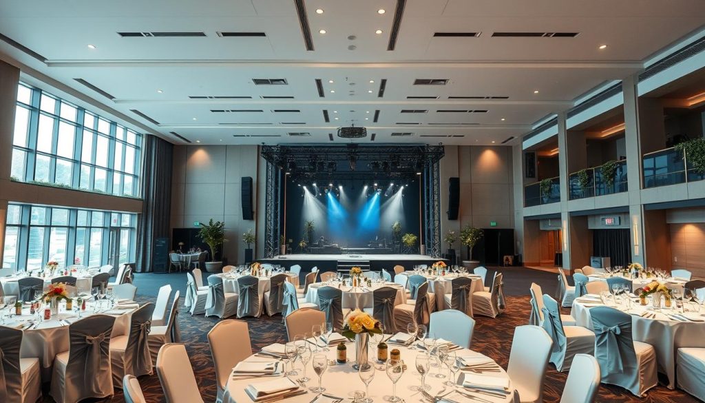A spacious, well-lit event space named "Sutera Hall," designed for exhibitions and gatherings. In the foreground, a beautifully arranged banquet setup with elegant tables dressed in crisp white linens, complementing the modern aesthetic. In the middle, an open area showcasing a large stage with professional lighting and audiovisual equipment, ideal for presentations and performances. The background features large windows allowing natural light to flood the area, surrounded by contemporary decor that incorporates greenery for a refreshing atmosphere. Soft diffused lighting enhances the mood, making it inviting yet sophisticated. Captured from a slightly elevated angle to provide a comprehensive view, emphasizing its capacity and functionality for various events. The overall ambiance is professional and welcoming, suitable for business gatherings or exhibitions.